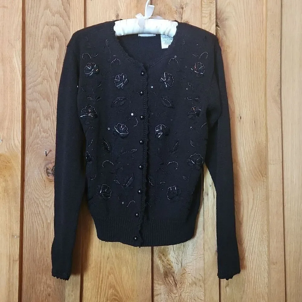 Kathie Lee Collection Vintage Beaded Floral Embellished Cardigan, Medium, Black